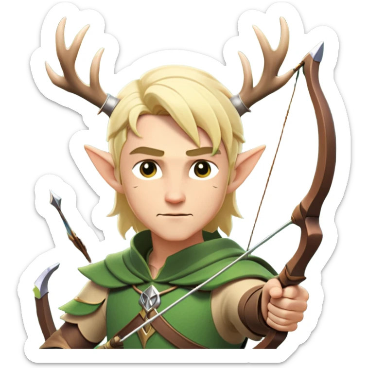 clash-of-clans-aesthetic-blond-male elf-archer-portrait-emoji, rendered in a flat, vector-style with minimal shading and bold holding his bow, simplified shapes, head tilted slightly forward with a determined, focused expression, riding a majestic stag whose antlers glow with mystical energy, set against an ancient, enchanted forest backdrop. sticker
