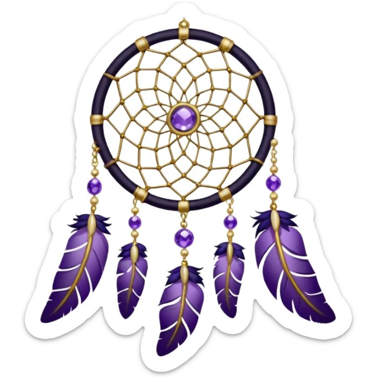 Black dreamcatcher with amethyst crystals, gold pearls, and plants, and violet and white feathers sticker