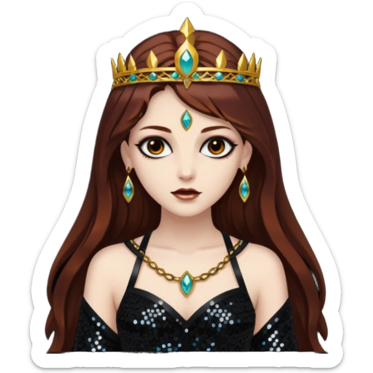 Libera, Goddess of Death from Gods and Goddesses with long dark auburn hair, black sequin outfit sticker