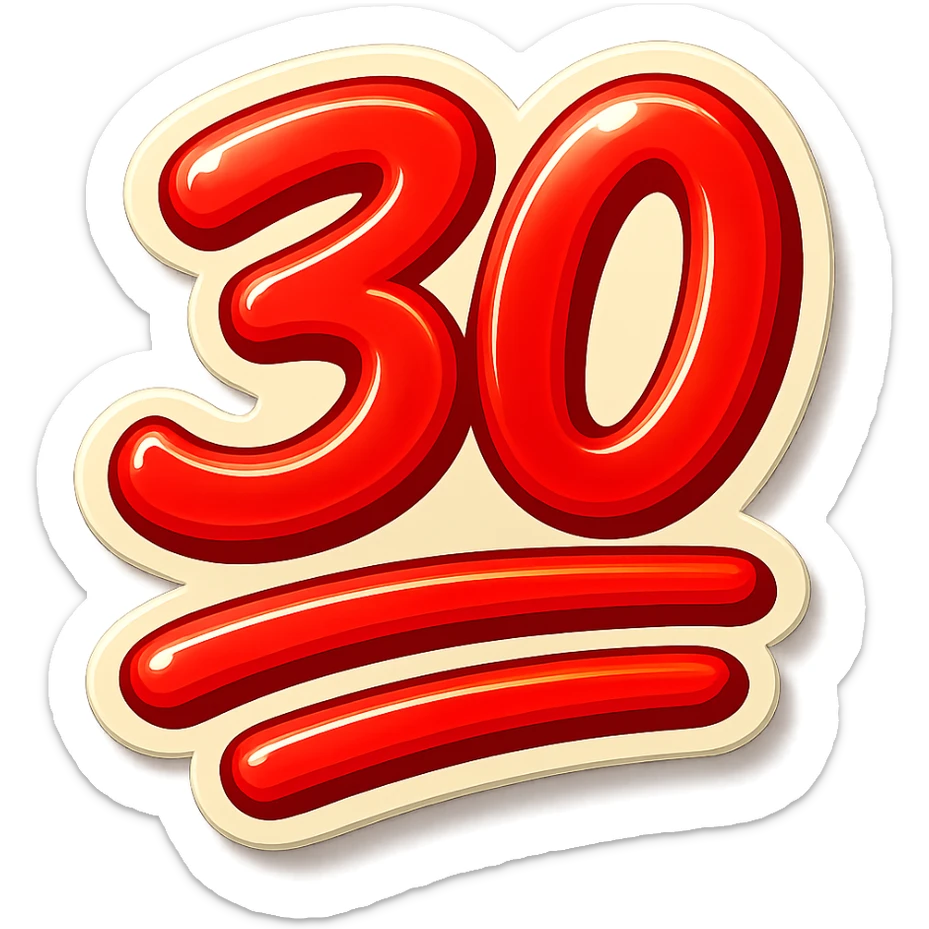 the number 30 emoji styled like the classic 100 emoji, bold and vibrant style, red numbers with double underline sticker