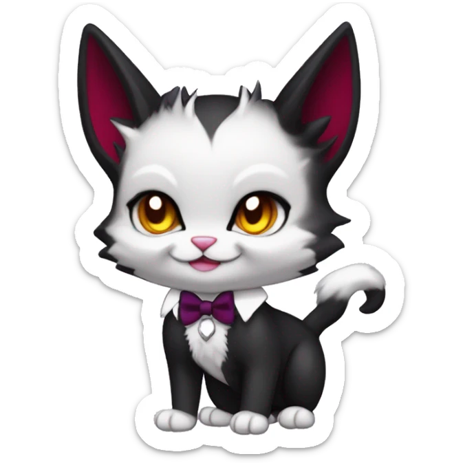 Cute-Edgy-Vampiric-Batty-Cat-Black-Purple-Red-Yellow-Contrast-Colors-Fantasy-Fur-Sona-Chibi-Shiny-Fakémon-Hybrid with horns and big fangs neck bow white tie leg spats full body sticker