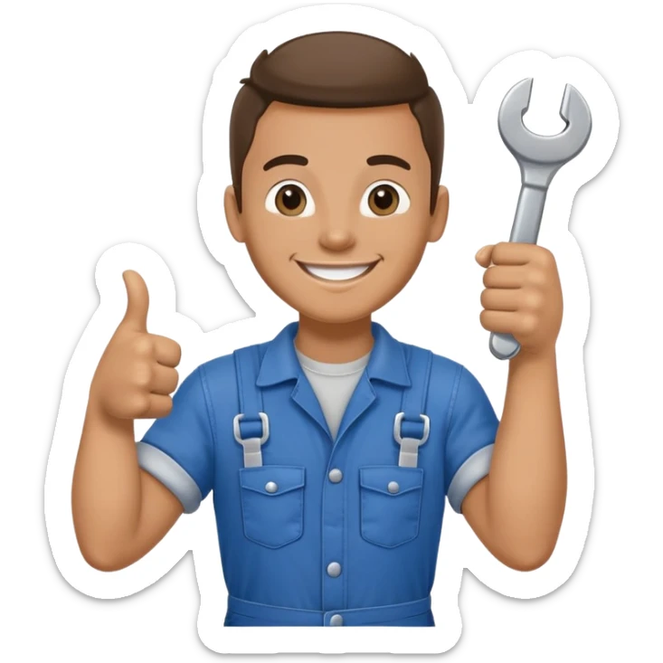 A car mechanic in overalls smiles, holds a wrench in one hand, and shows a thumbs up with the other sticker