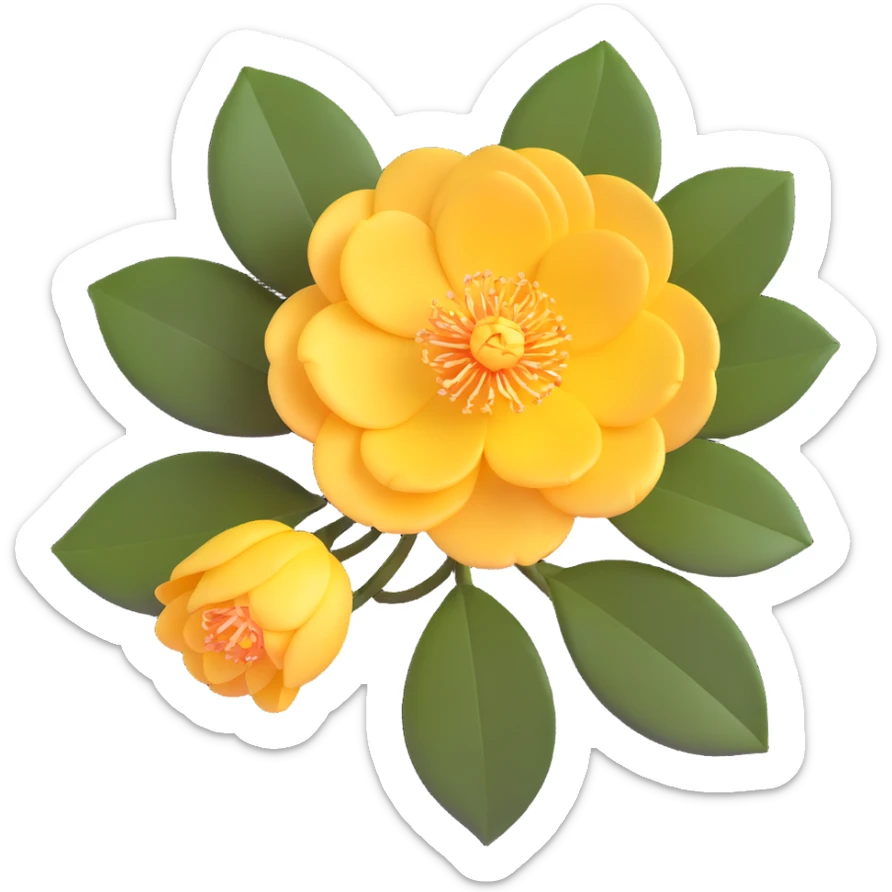 vibrant red Japanese camellia flower with golden center sticker