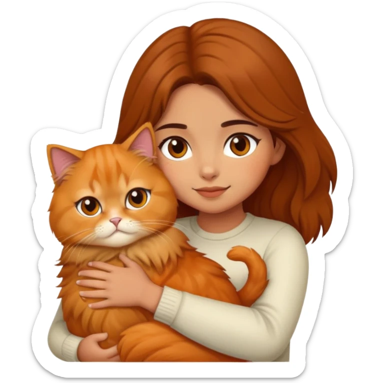 olive skin girl with brown hair, hugging an fluffy orange persian cat sticker
