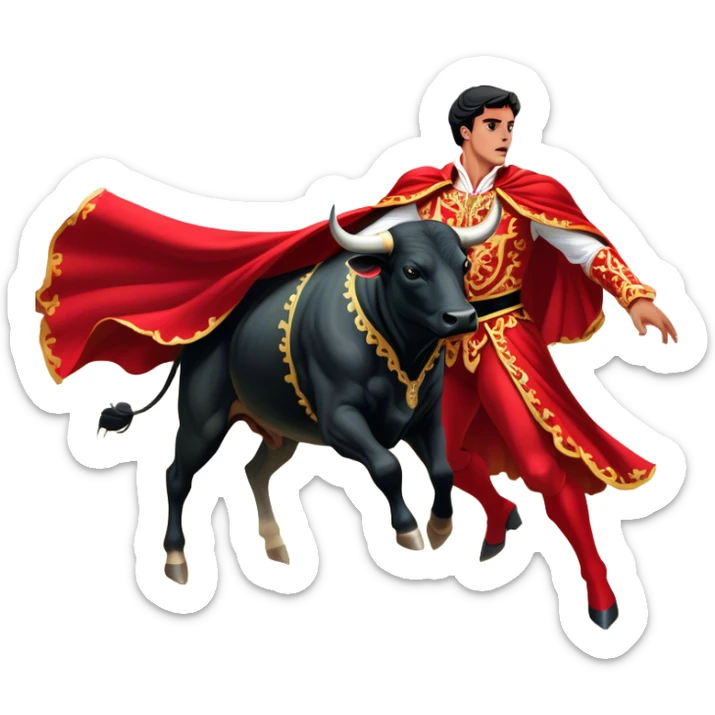​Cinematic Realistic Spanish Matador in Action, depicted in an ornate traje de luces with a flowing red cape, captured in the dramatic moment of confronting a charging bull in a traditional bullring, rendered with dynamic motion and dramatic lighting that encapsulates the intensity and artistry of the spectacle, sticker
