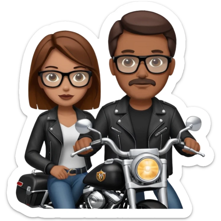 Un couple de biker sur une harley road king noire, l'homme no moustache et une paire de lunettes demetz ros21, la fille a des cheveux plus dans les tons chatain sticker