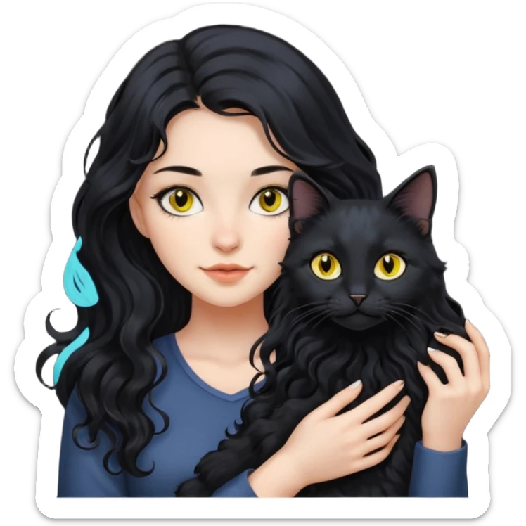 una ragazza di circa 25 anni, capelli lunghi ondulati neri con in braccio un gatto nero sticker