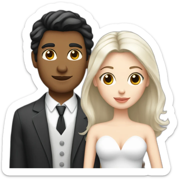 blond man, black hair white skin woman, marriage and holding gray cat sticker