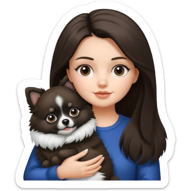 an brunette girl holding her pomeranian dog thats black and white but has white middle part in the face kinda looks like a panda sticker