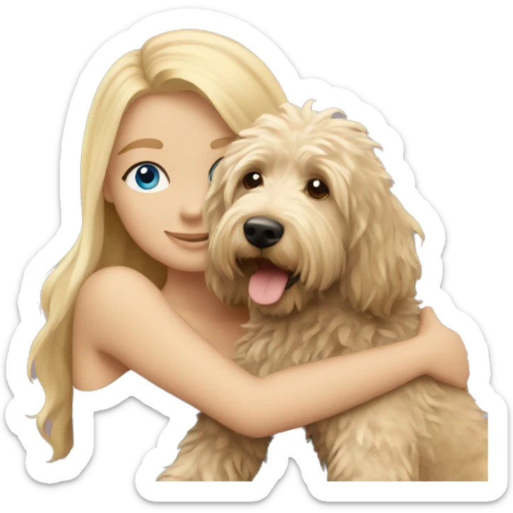 blonde girl with straight hair and blue eyes hugging an australian labradoodle sticker