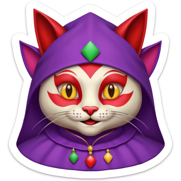 crazy colorful cute little cat jolly joker from poker, medieval, vintage, court jester, mac os icon, purple and red color, half body. The cat is represented as Code inside a retro computer terminal sticker