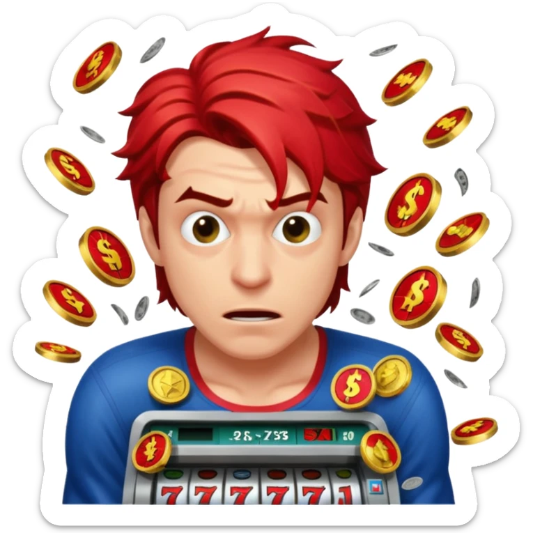 disheveled spiderman losing money at a slot machine, panicked face, coins flying sticker