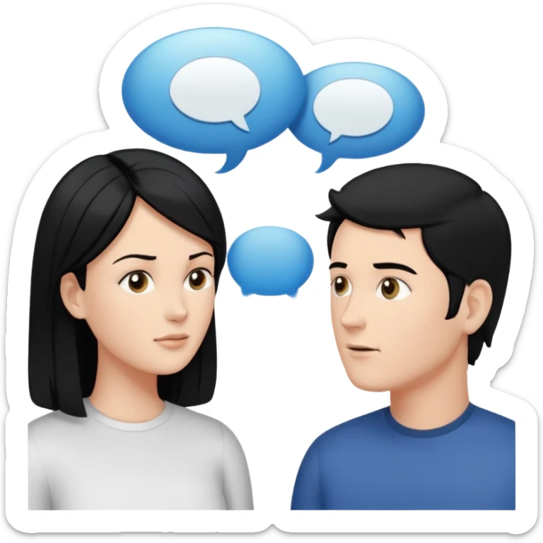 a person chatting up another person, one white male with black hair, one white woman facing each other talking with strictly white speech bubbles above their head,  sticker