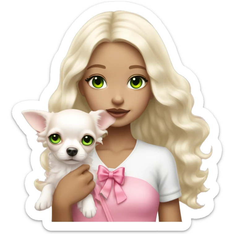 pale blond yt girl with wavy long platinum white hair with bright green eyes holding a white chihuahua puppy that wearing a pink bow sticker