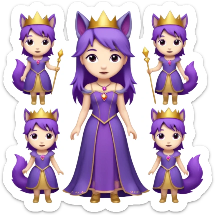 A collection of twelve chibi-style illustrations of a cute princess wearing a purple dress and crown with purple hair and purple wolf ears and purple wolf tail character. Each square shows the character doing different things against a white background And make a gap between each illusion sticker