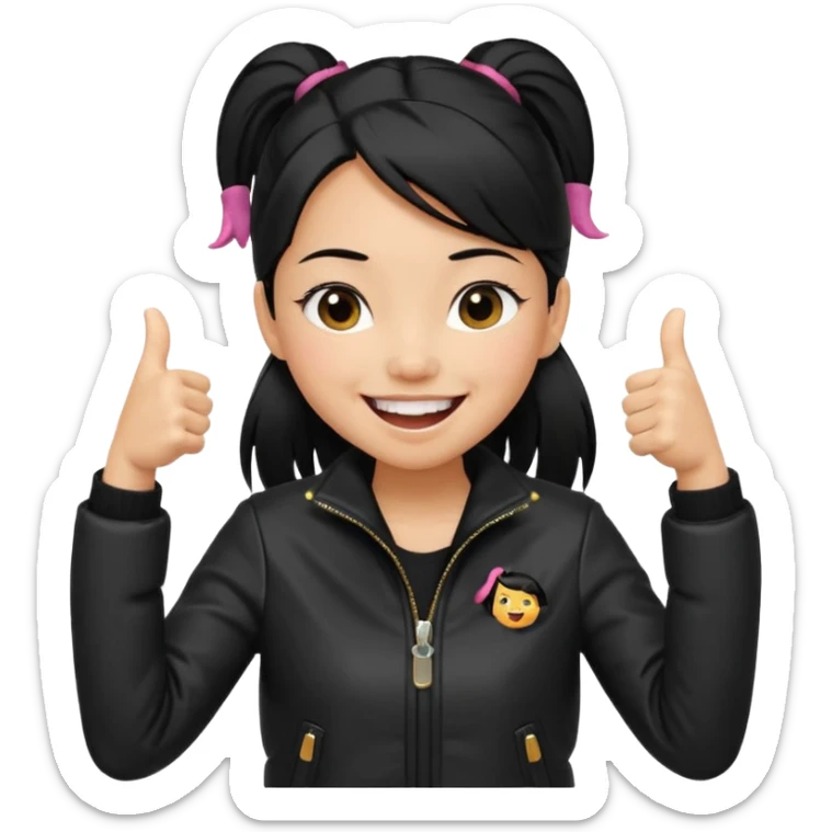 A girl with a pony tail black hair and Asian tan skin, Asian eyes, with a black jacket and a black purse, laughing with arms crossed giving a thumbs up  sticker