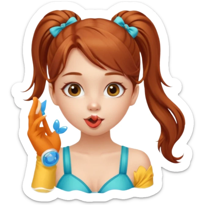 A cute ukrainian girl, with long auburn hair two side ponytails, in a bathing costume, she's blowing a kiss. sticker