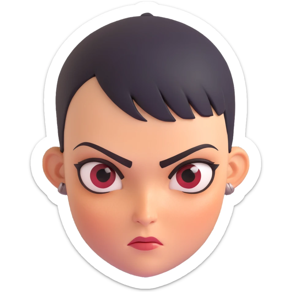 Furiosa's head from Furiosa: A Mad Max Saga, fierce expression, short hair, black forehead mark, cinematic style, emoji sticker