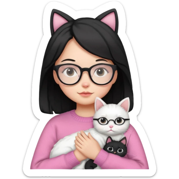 a girl with a black wavey hair, wearing a pink sweater and glasses, holding a cute white cat, only upper body sticker