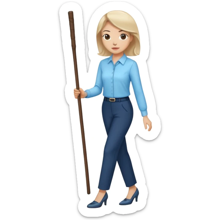 female smart light blue blouse, dark trousers, shoes. one hand holding a stick sticker