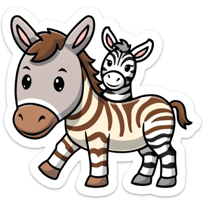 A donkey with a zebra head, donkey body with brown fur and zebra head with black and white stripes sticker