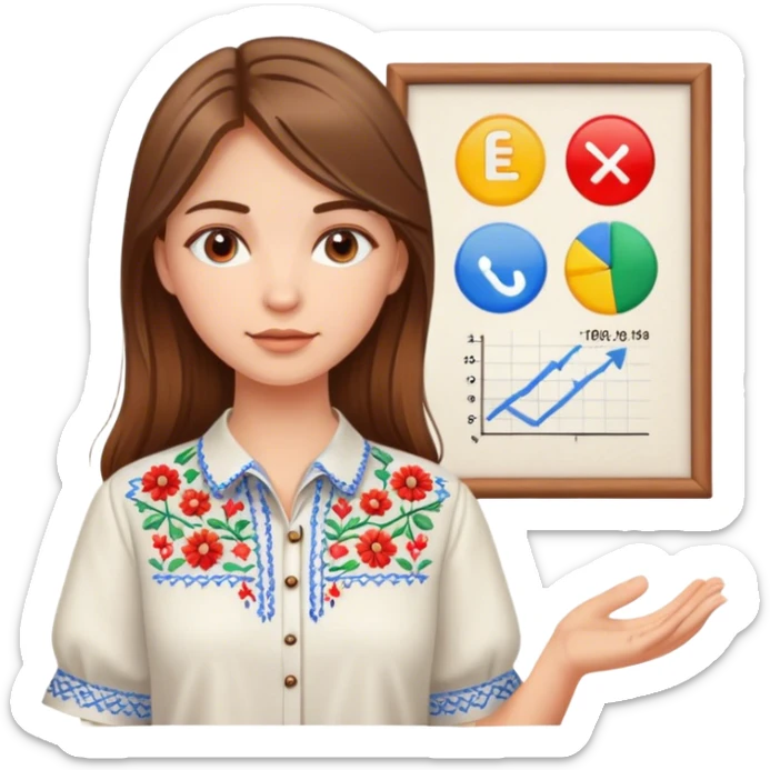 A Ukrainian girl with brown hair in an embroidered shirt holds a diagram sticker