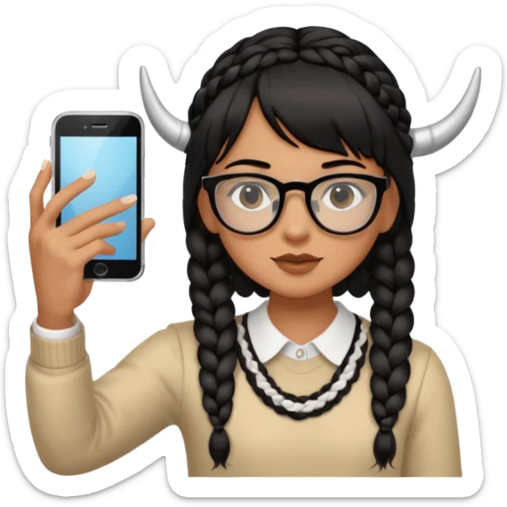 He has braid bangs on one side of his black hair, and he's wearing horn-rimmed glasses and taking a mirror selfie with his iPhone white color sticker