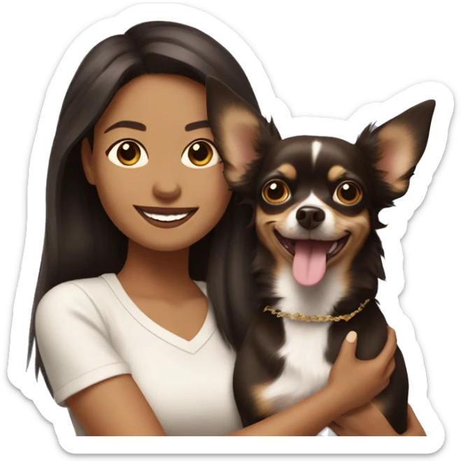 light skin woman with long dark brown hair expressing joy alongside a chihuahua sticker