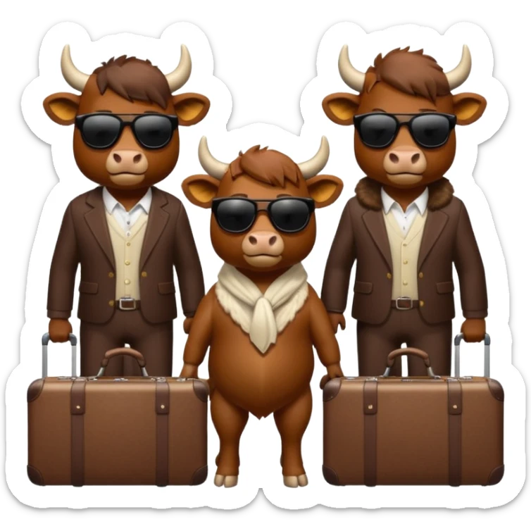 generate an emoji of a group of up to 8 male and female bulls travelling together on holidays. Include sunglasses and suitcases sticker