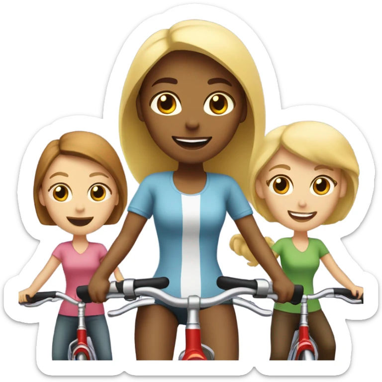 3 women riding bikes. 1 with blonde hair, 2 with brown hair sticker