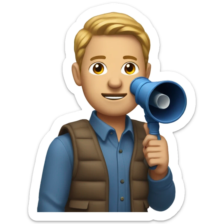 Finance bro with light brown short flow hair and puffer vest over blue shirt speaking into a megaphone sticker
