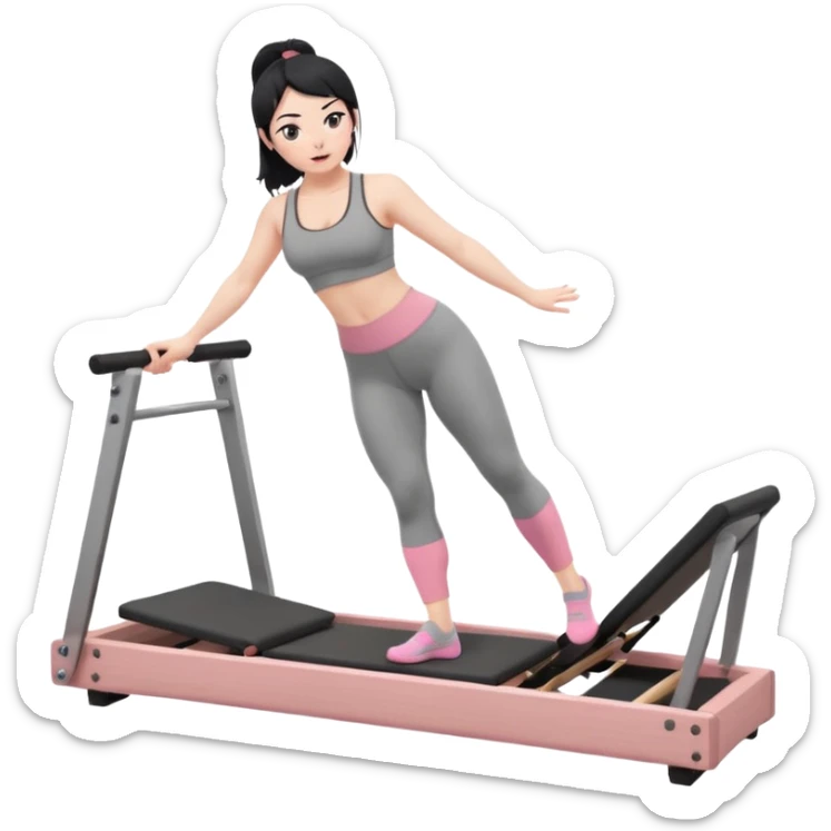 Create a Pilates emoji: a girl with fair skin and black hair, wearing a grey bra and grey leggings with pink pilates socks, exercising on a wooden reformer and not looking at the camera. Make the colors neutrals. sticker