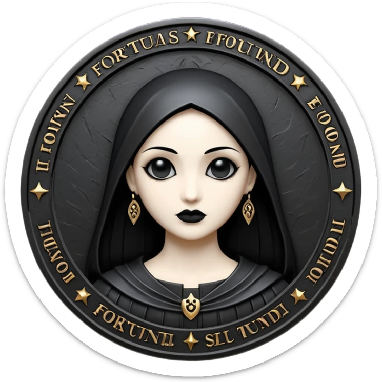 Emoji style, luxury gothic coin made of blackened metal, “FORTUNA” engraved in refined fashion typography, heavy sculptural form, subtle worn metal texture, avant-garde editorial aesthetic, no glow, no neon, flat emoji design, centered, transparent background sticker