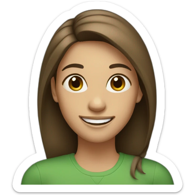Woman with straight brown hair, big smile, green shirt sticker