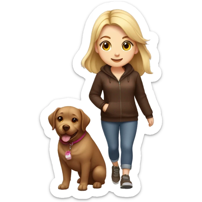 chubby girl with blond highlights in hair walking a chocolate labrador sticker