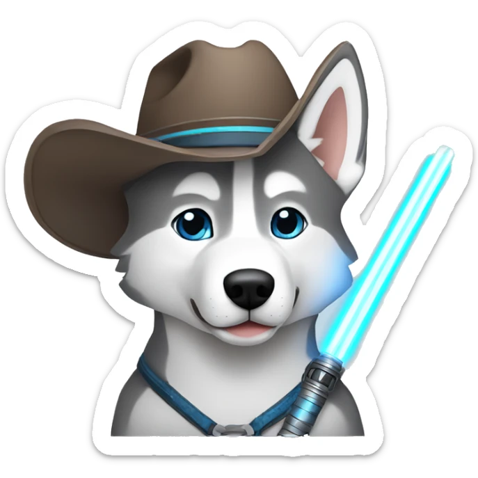 Gray Siberian Husky with blue eyes Jedi holding lightsaber cowboy hat  sticker