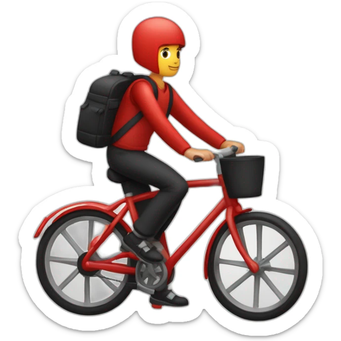 Garçon en tenue rouge sur un vélo noir vélo avec un sac tout rouge cubique, sticker