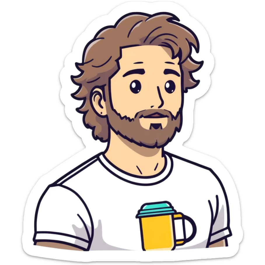 light skin man with a faded beard, wavy hair, and a mullet, wearing a t-shirt and AirPods, cartoonish sticker style sticker