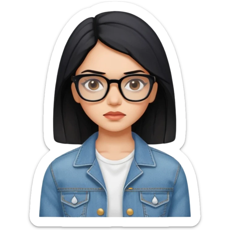generate a pretty bratz emoji 
Make her wear a white dress with a denim jacket over it. black hair side part 

She should look exactly  like Deepika padukone! wearing tiny rectangular spectacle, looking sad sticker