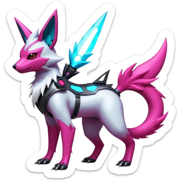 White and magenta cyperpunk futuristic feral Zangoose-Manectric-Luxray-Umbreon-Vaporeon-Amaura-Electrike-fusion-creature  sticker