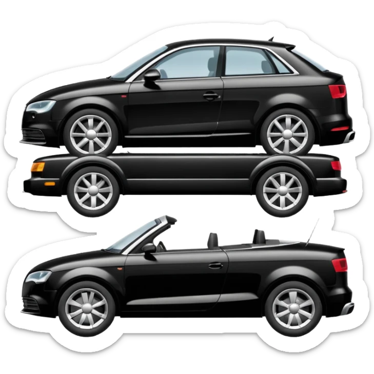 create an ios emoji of a black car, car shape must be similar to a model audi a3, being towed by a tow car. profile horizontal view on transparent background sticker