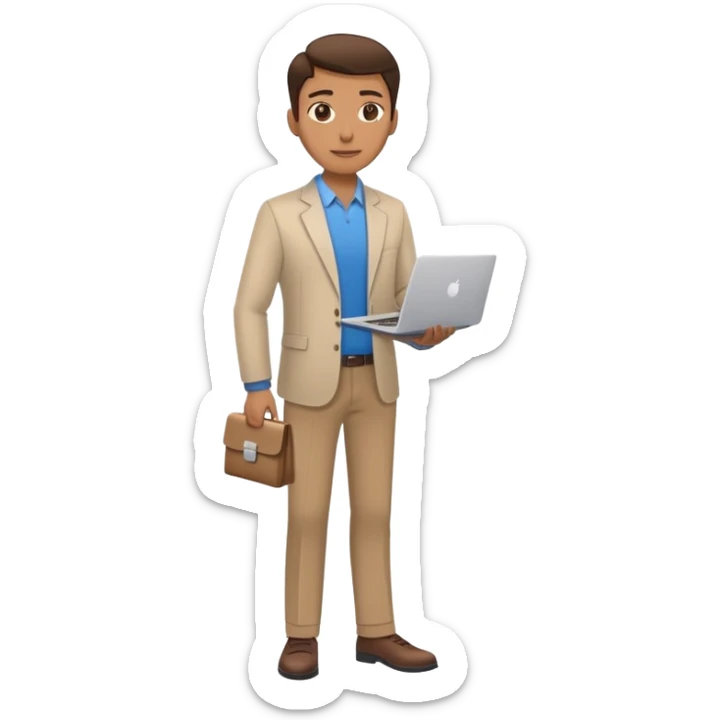 business owner standing confidently, holding a closed laptop in one hand and a takeaway coffee cup in the other. The character wears casual-smart clothes. sticker