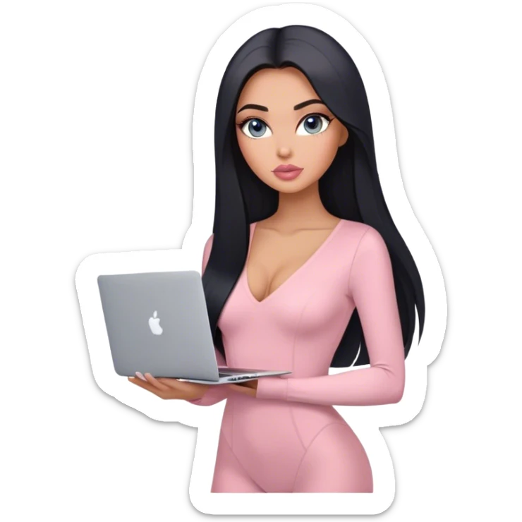 Glamours, tanned, very beautiful girl, with big pump peach-beige-rose lips, long lashes, black straight smooth silky long hair, straight parting hair, blue-grey eyes, in light-pink v-neck bodysuit holding MacBook sticker