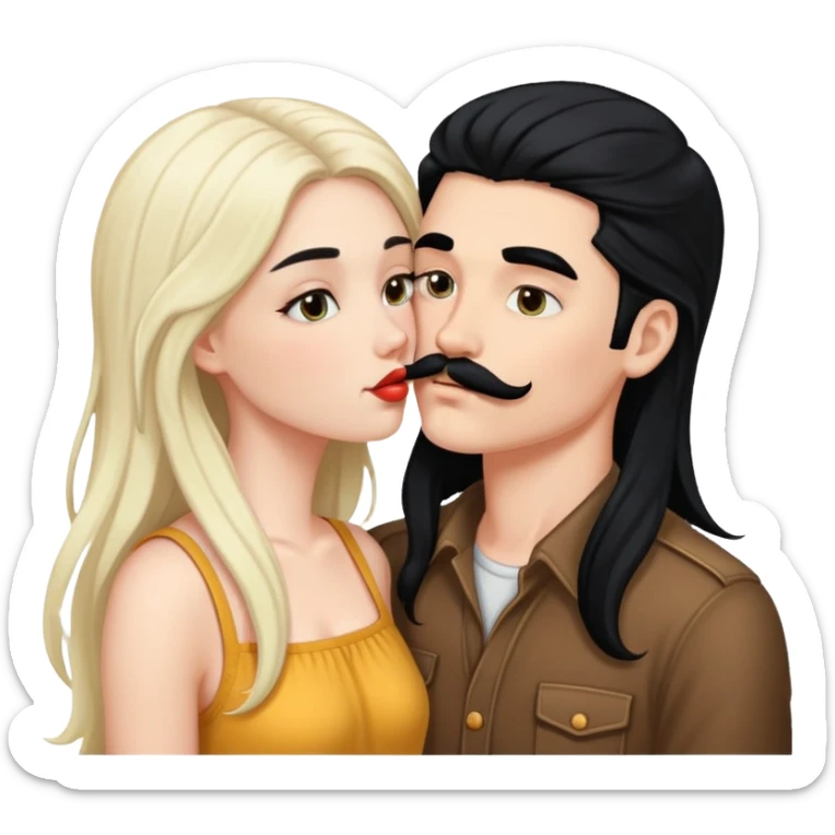 White boy with black mustache kissing white girl with long black hair sticker