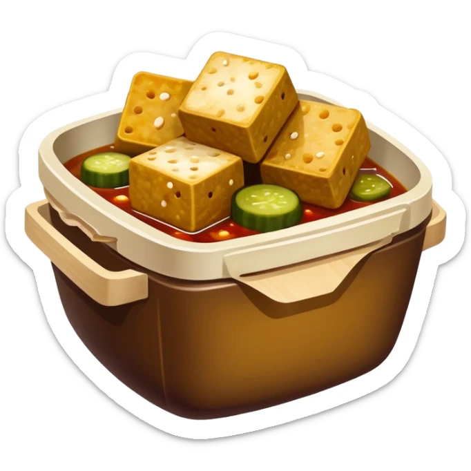 Stinky Tofu with sauce and pickles, simplified emoji style with bold outlines and bright colors, cartoon style dark fermented Chinese street food with steam sticker