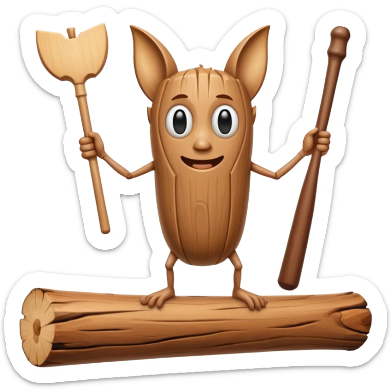 The character is an anthropomorphic wooden log with a cartoonish face, human arms and legs, and a long wooden bat, giving it a surreal, humorous appearance. sticker