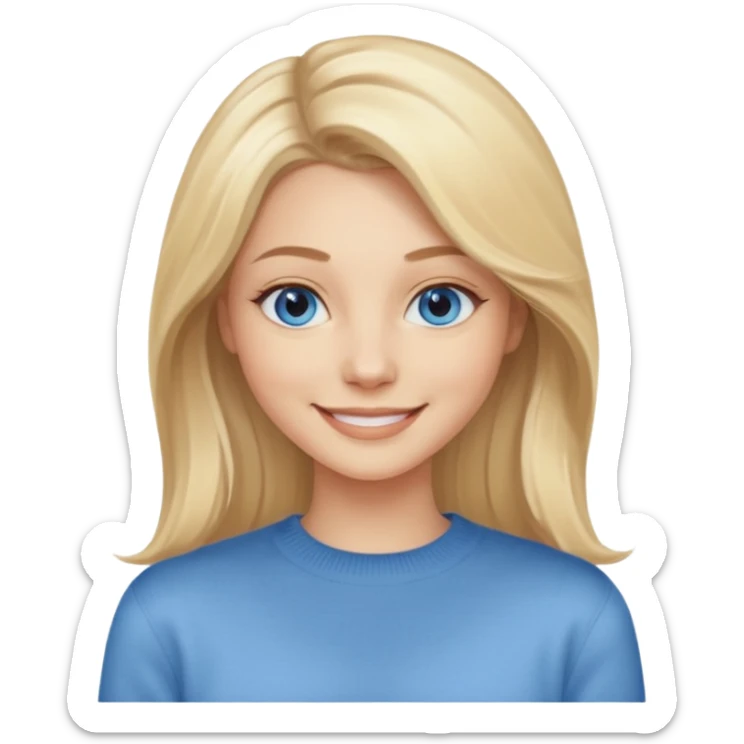 hyper realistic glamourous pale woman, Long blonde balayage hair, smiling, beige sweater & blue eyes sticker