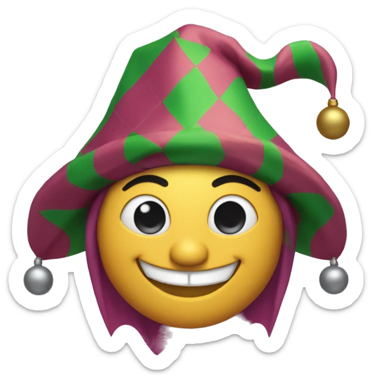 Minimalist emoji of a jester: round face, cheerful, wearing a classic three-point jester hat with bells sticker