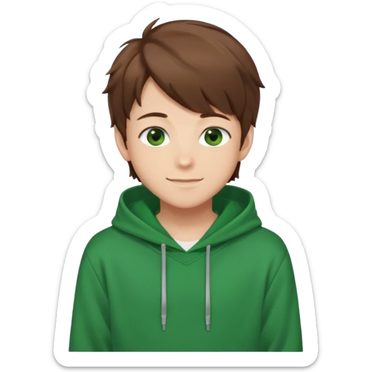 Anime teen boy with brown hair, green eyes, and a green hoodie, looking smiling slightly sideways positioned. 128px sticker