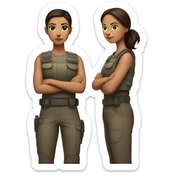 Brunette sisters standing back to back with arms crossed ready for combat sticker